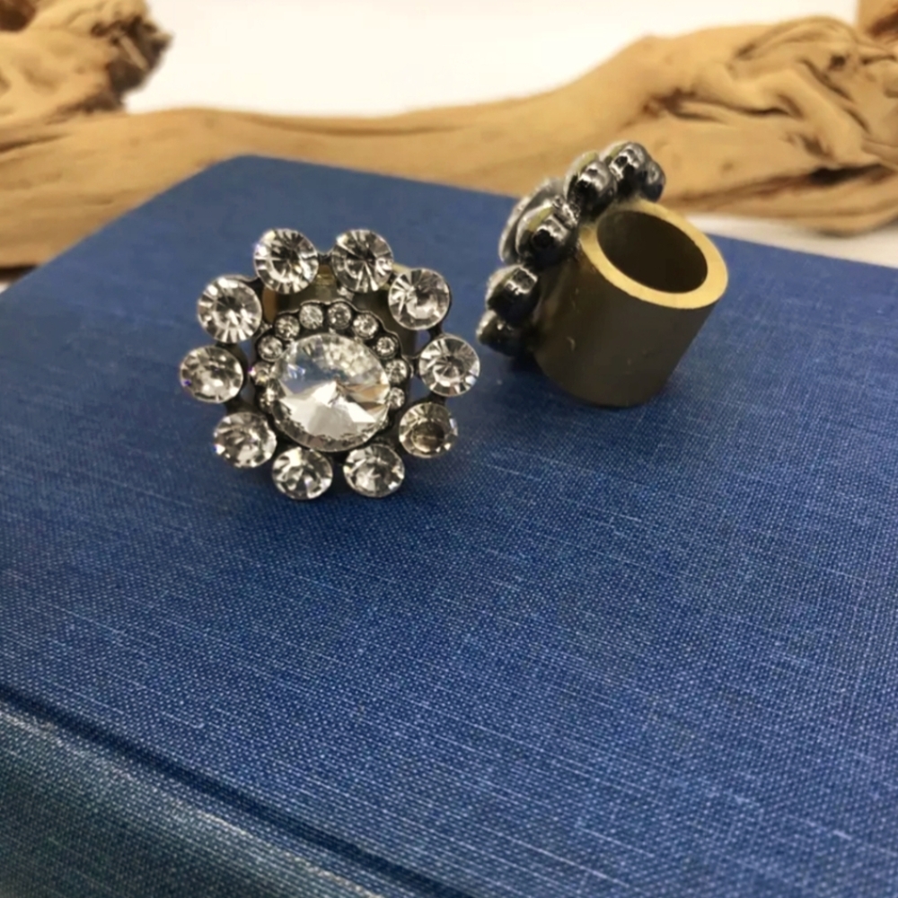 Elegant Silver Crystal Flower Leather  Ring